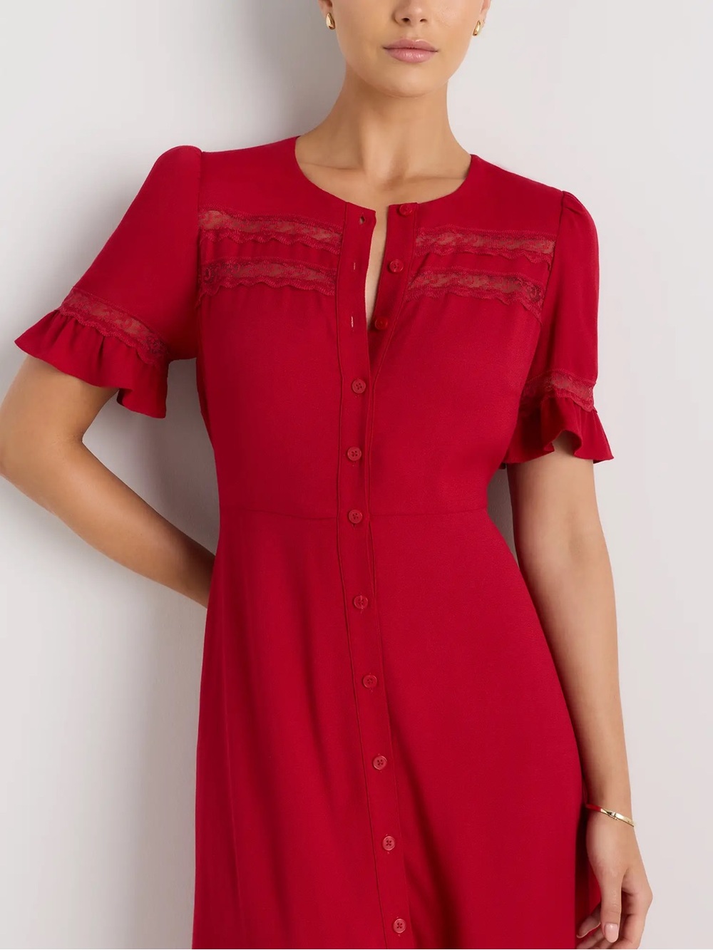 NWT Quince Lightweight Crepe Lace Inset Midi Dress Ruby Red ~ Medium
